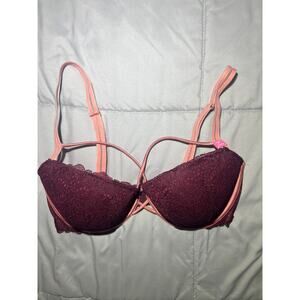 Victoria’s‎ Secret maroon and pink lace date push-up harness bra 34DD NWT